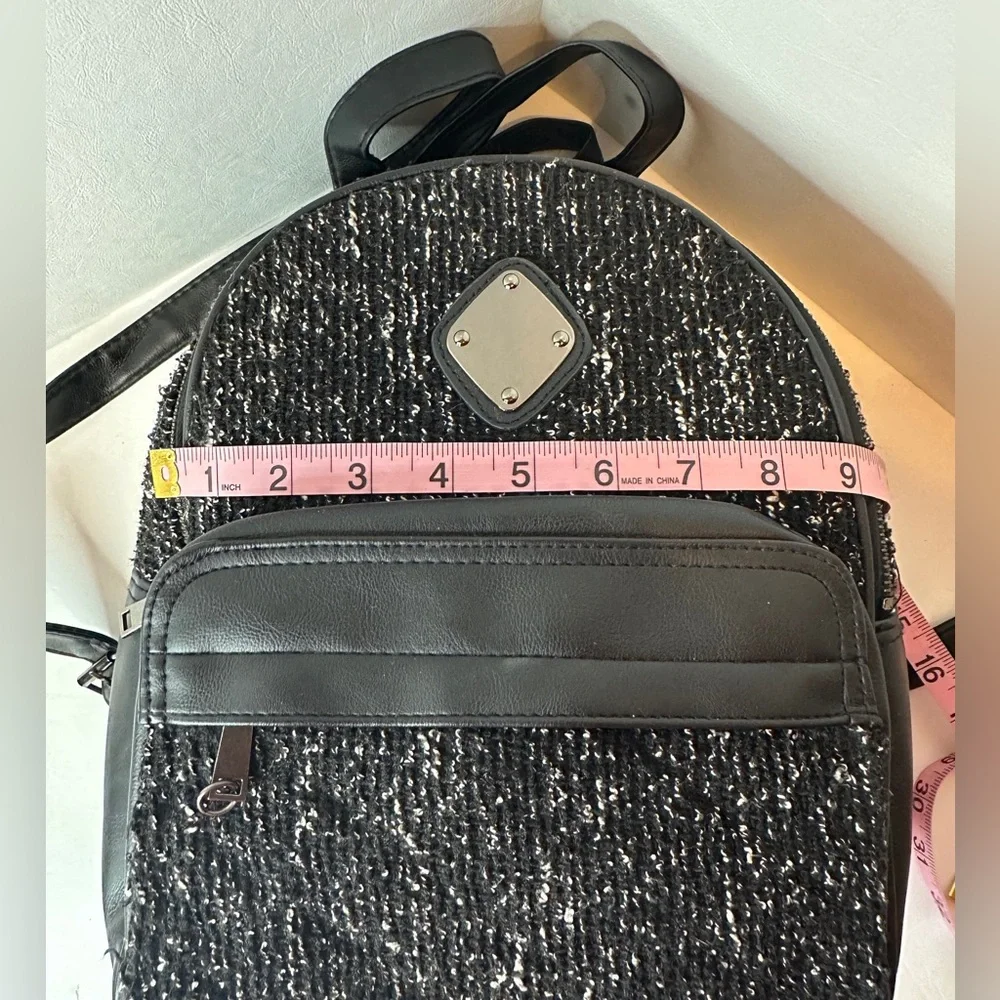 Claire’s Black Woven Faux Leather and Fabric Backpack With Silver Hardware